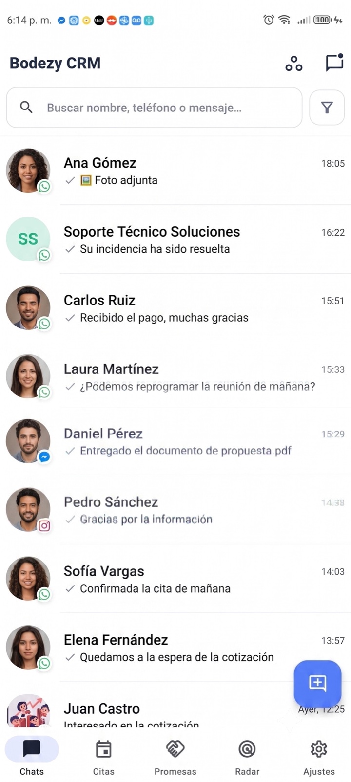 App Bodezy CRM para Android: bandeja de chats de WhatsApp, Messenger e Instagram