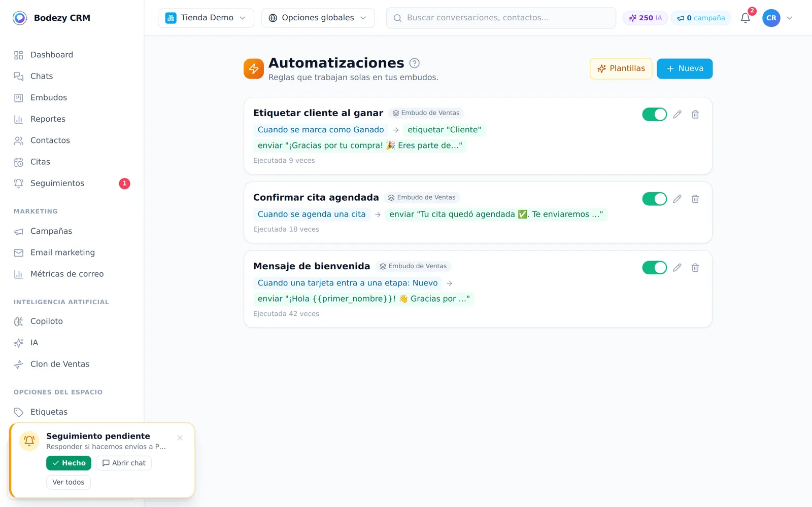 Bienvenidas y seguimientos en automático — Bodezy CRM para Gimnasios y fitness