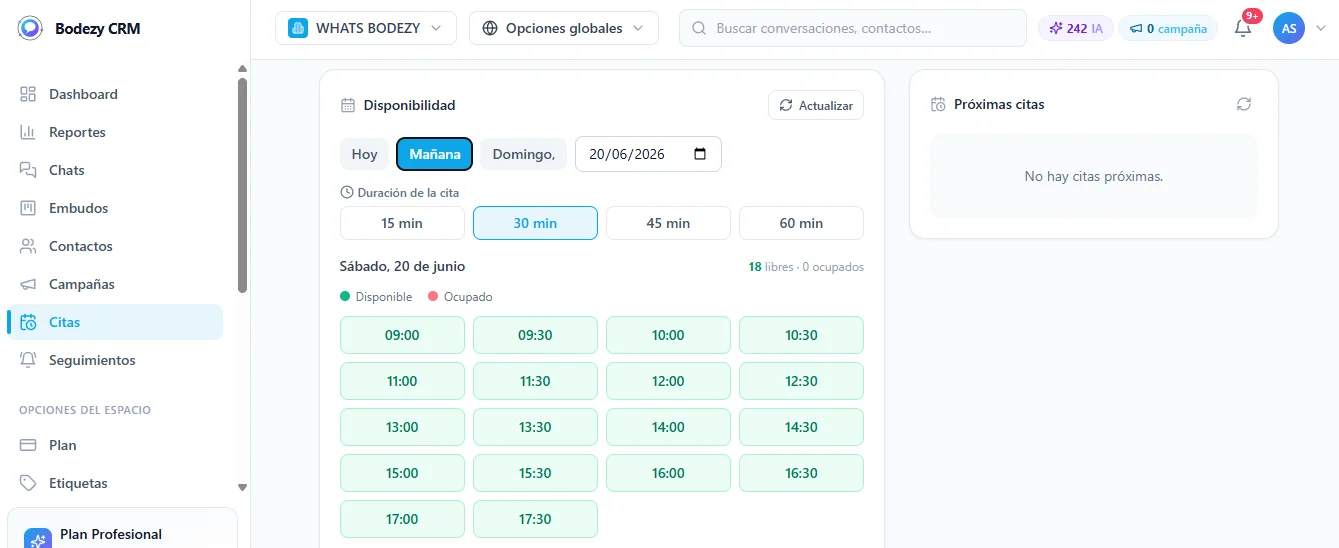 Agenda de citas de Bodezy CRM con horarios disponibles y duración configurable