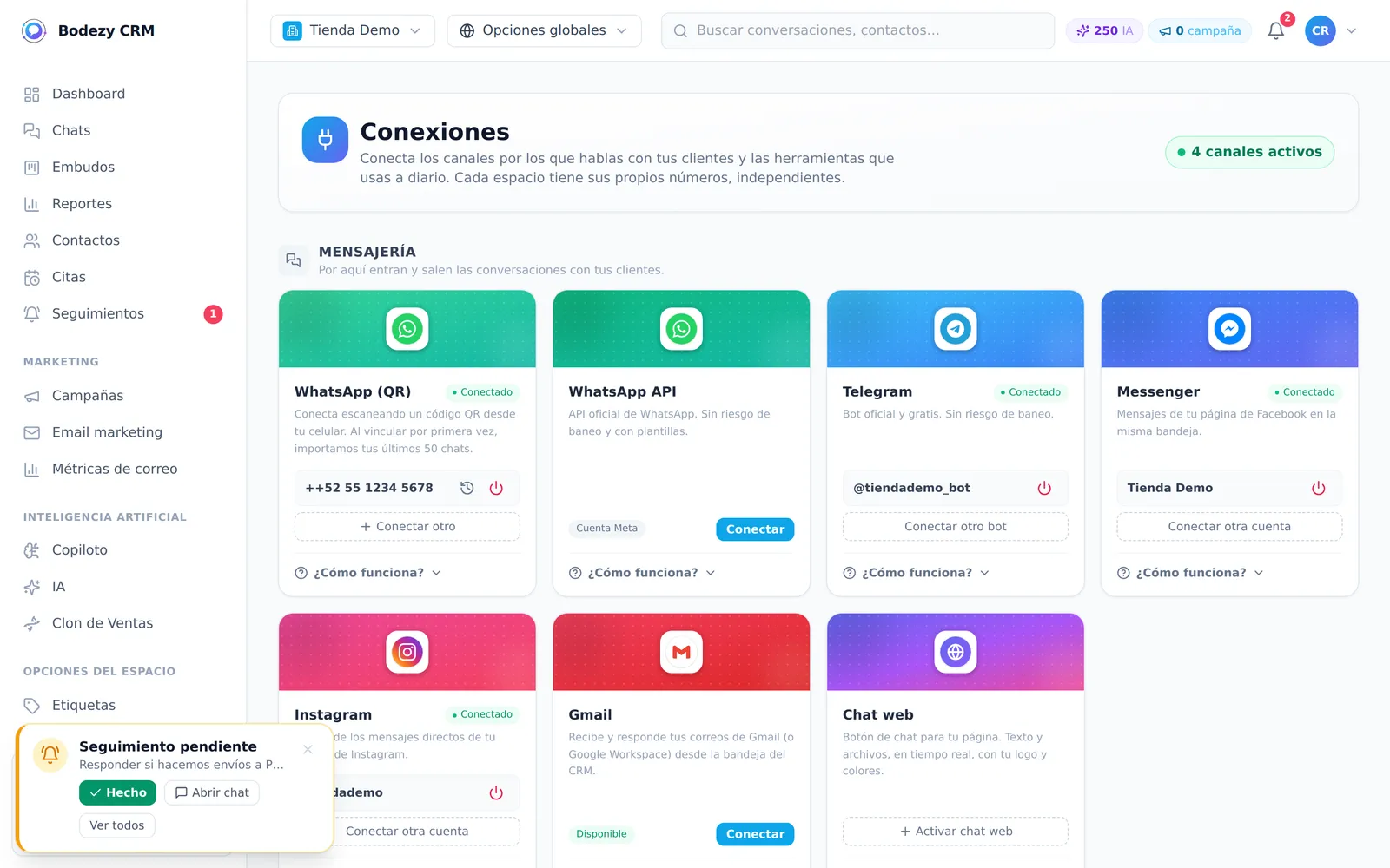 Conexión de canales en Bodezy: WhatsApp Business y otros canales unificados en el CRM