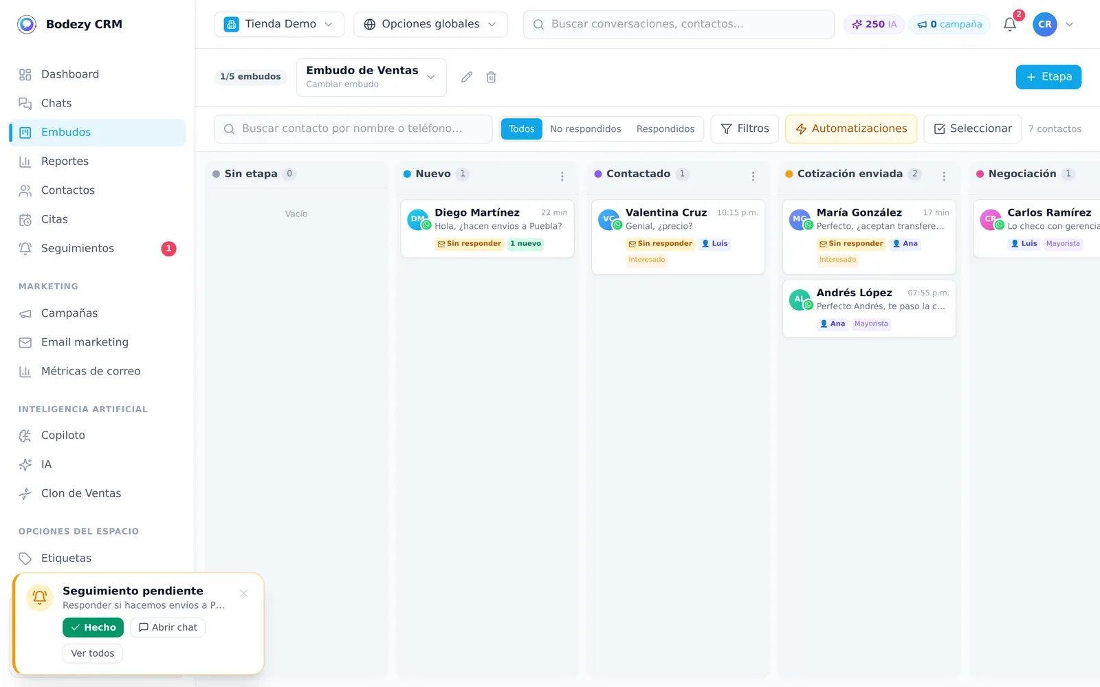 Embudos de venta tipo kanban en Bodezy CRM
