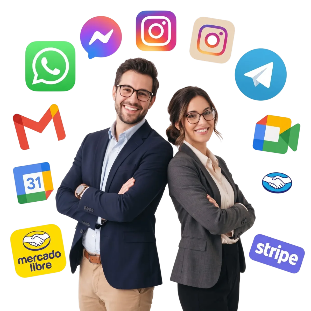 Equipo atendiendo WhatsApp, Messenger, Instagram, Telegram, Gmail, Google Meet, Mercado Libre, Mercado Pago y Stripe desde Bodezy CRM